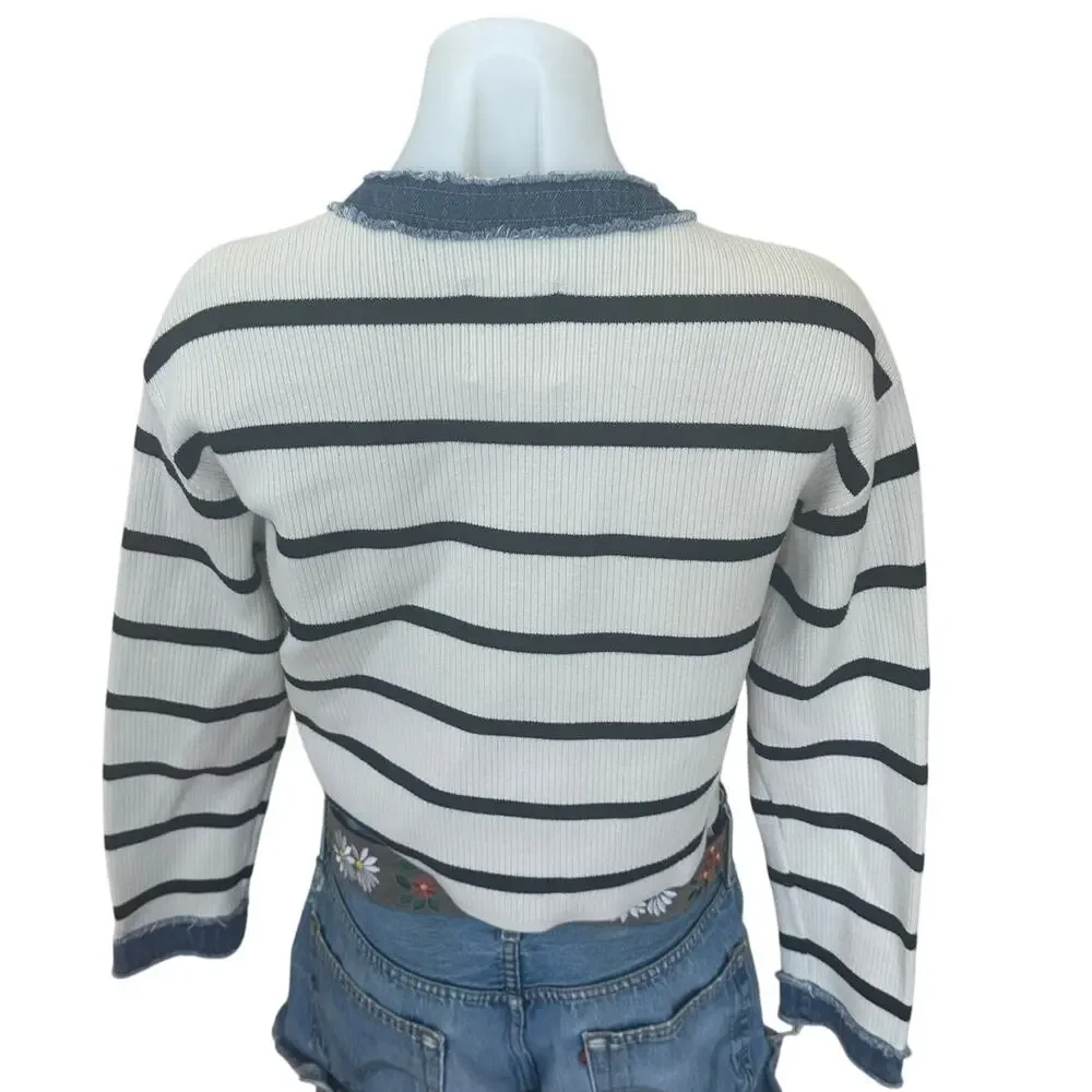 Sandro White Blue Stripe Cardigan SIZE 4  Lady Jacket Denim Preppy Designer $368